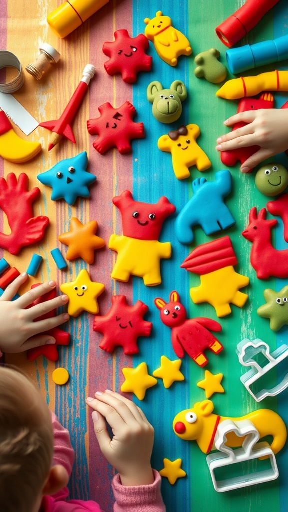 Fun and Easy Cartoon-Themed Dough Recipe Colorful cartoon-themed dough treats in various shapes on a table.